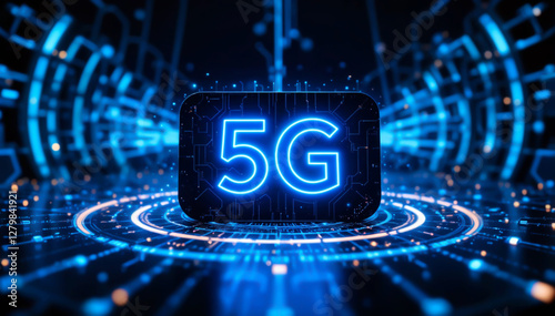 5G Label on SIM Card with Futuristic Glowing Neon Tech Interface - Generative AI