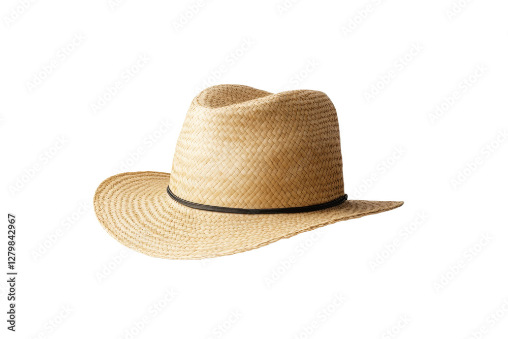 Straw hat with a black band sits on a white background, isolated Straw hat with a black band sits on a white background, isolated