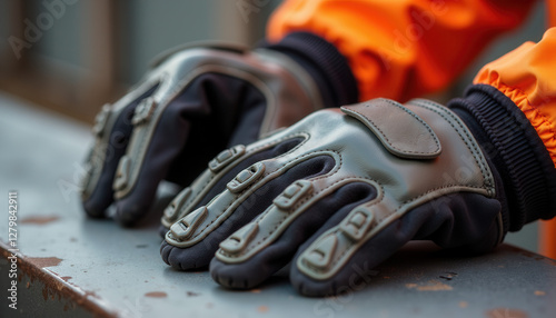 Heavy-duty work gloves in action for construction and industrial safety - essential protective equipment for workplace safety and manual labor photo