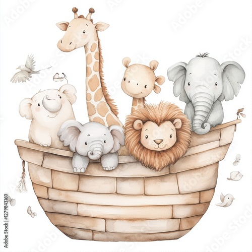 Cute  Noah's Ark Watercolor Illustration In Soft Pastel Tones

