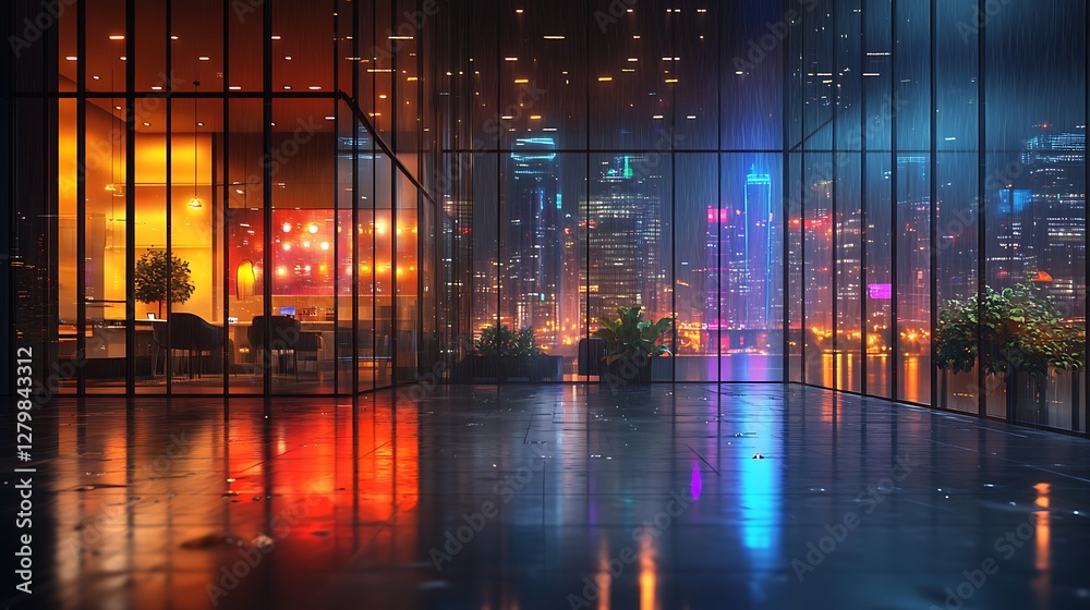 Naklejka premium A rainy urban nightscape with shimmering reflections on the street, viewed from the warm interior of a modern office, raindrops streaming down the glass, neon lights casting colorful glows,