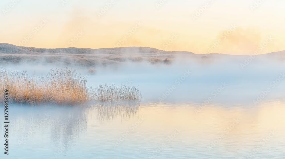Tranquil Foggy Lake at Sunrise with Reeds and Soft Colors Tranquil Foggy Lake at Sunrise with Reeds and Soft Colors