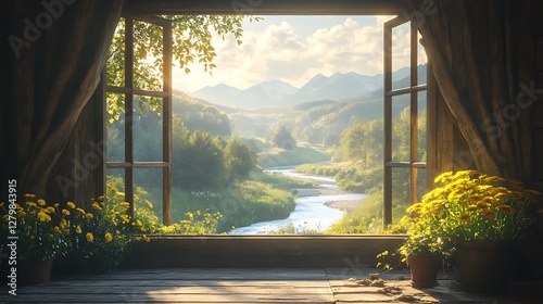 A serene countryside with lush hills and a winding river, seen through a vintage wooden office window, soft warm light creating a tranquil mood, rustic décor inside, hd photorealistic details,