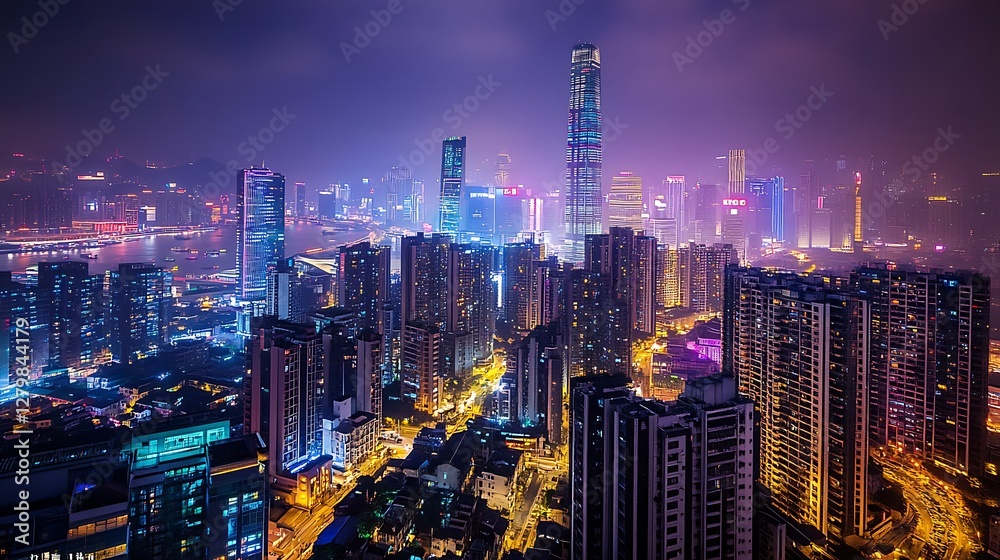 Obraz premium Cityscape at Night with Skyscrapers and Colorful Lights in Urban Landscape