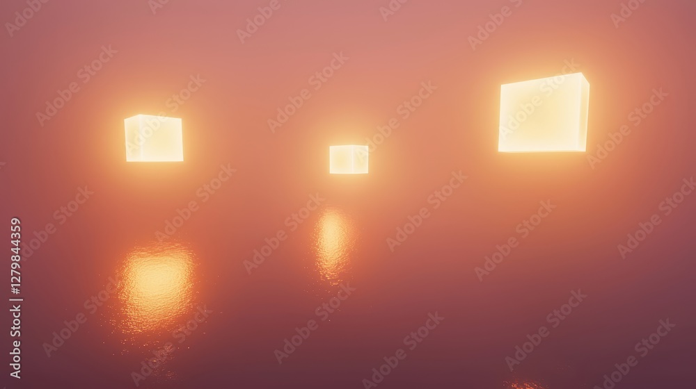 Ethereal Floating Cubes Illuminated by Soft Orange Glow in Fog Ethereal Floating Cubes Illuminated by Soft Orange Glow in Fog