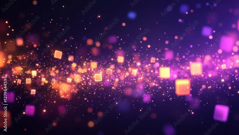 Obraz premium Colorful glowing particles and geometric shapes creating an enchanting cosmic effect against a dark background for modern artistic visuals