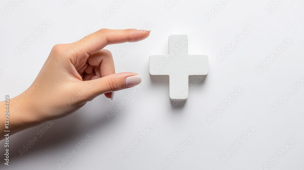 Obraz premium Hand Reaching for a White Plus Symbol on a Clean Surface