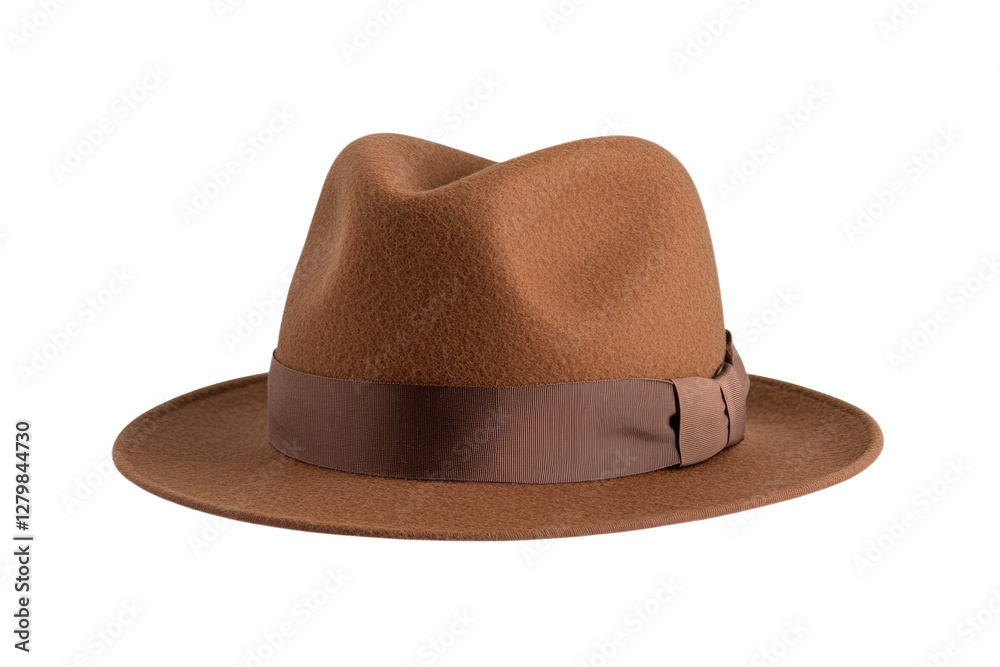 Brown hat with a brown ribbon around the brim, isolated Brown hat with a brown ribbon around the brim, isolated