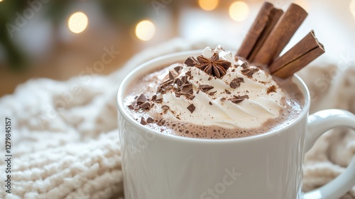 Warm Cup of Hot Chocolate with Cream and Chocolate Shavings