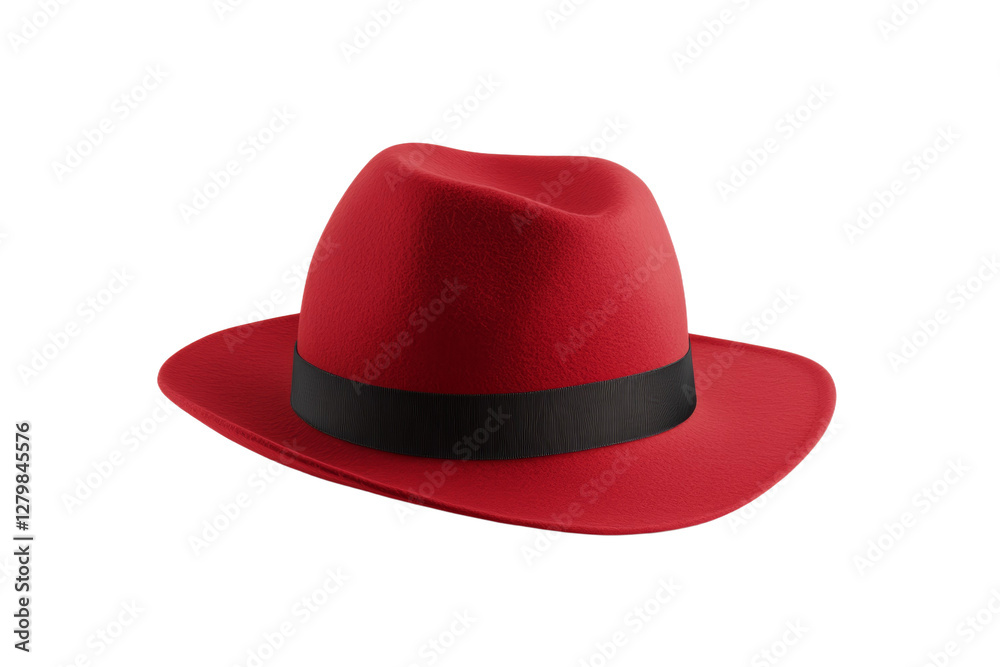 Red hat with a black band sits on a white background, isolated