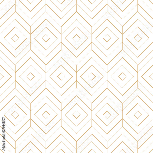 Geometric seamless pattern background with subtle thin gold line and interlocking diamonds, hexagons shape in minimalist design. Vector modern elegance repeats tiles for wallpaper, card, prints.