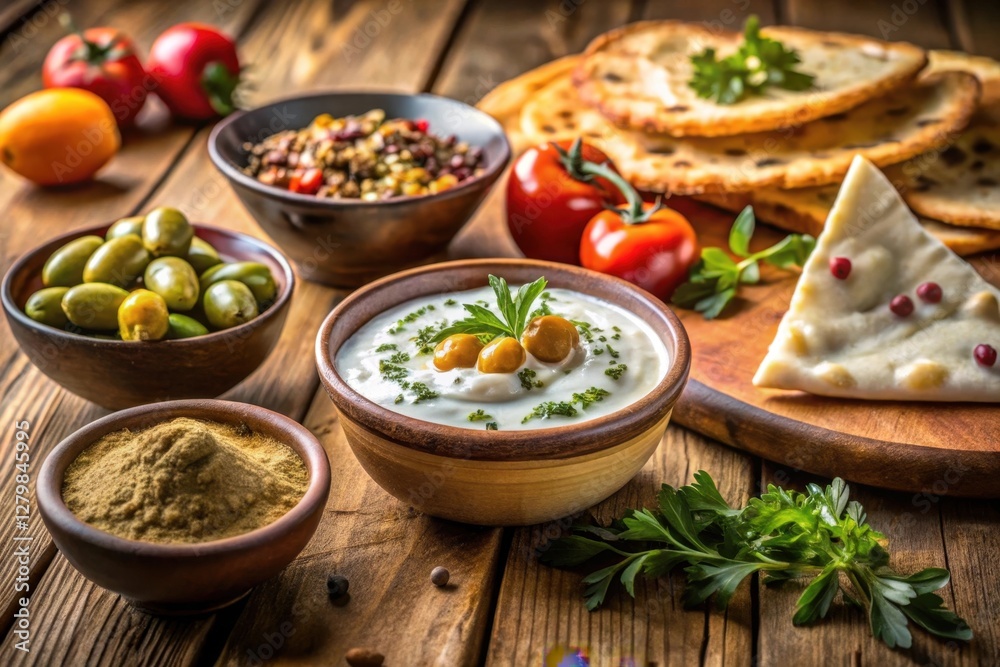 Aromatic Mediterranean Mezze Platter Featuring Creamy Yogurt Dip, Herb Garnish, Green Olives, and Savory Flatbreads