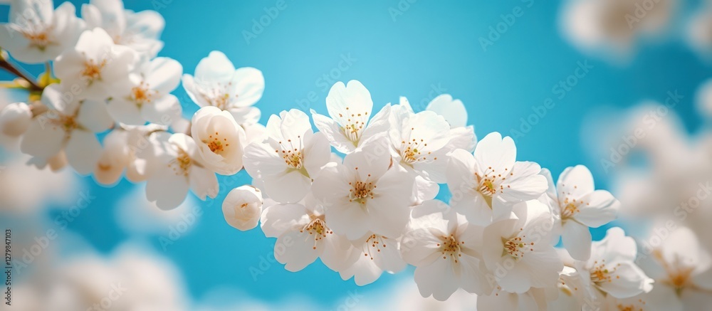 Fototapeta premium Spring blossoms branch, sunny sky, floral design