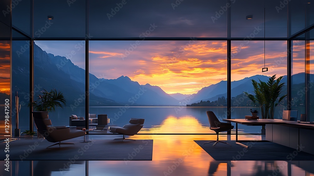 Fototapeta premium A tranquil mountain lake under a vibrant sunset, visible through sharp, angular windows of a modern workspace, glowing reflections on the water, minimalist furniture in neutral tones,
