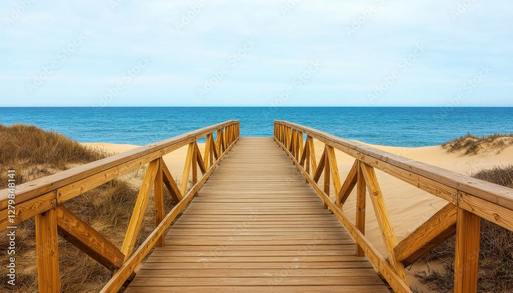 Fototapeta premium A serene wooden boardwalk leading to a tranquil beach and blue ocean under a calm sky, perfect for relaxation and nature exploration.