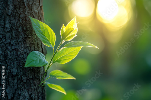 Fresh Green Leaves Illuminated by Sunlight in a Forest Setting photo