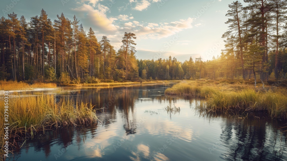 Fototapeta premium A tranquil river reflects the surrounding pine forest, bathed in warm light, creating a peaceful, serene natural scene..