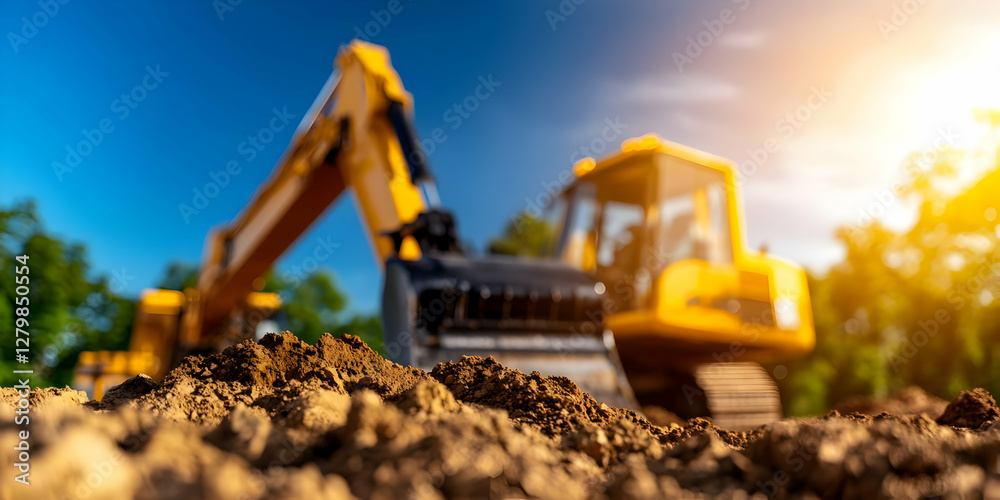 Excavator working on construction site, sunny day, trees in background. Image suitable for industry, construction, or infrastructure projects Excavator working on construction site, sunny day, trees in background. Image suitable for industry, construction, or infrastructure projects
