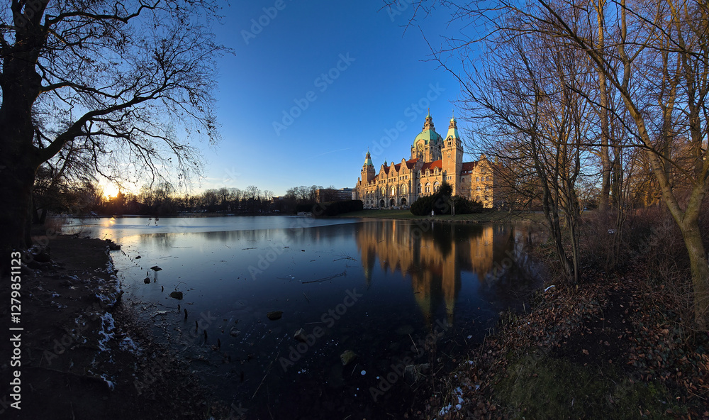 Obraz premium A stunning reflection of a majestic castle at dusk over the still iced waters of the lake Hannover Maschsee
