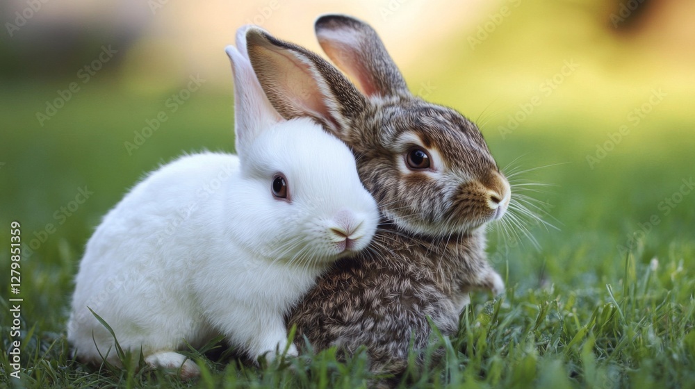 Two Adorable Rabbits Huddled Together in Green Grass Two Adorable Rabbits Huddled Together in Green Grass