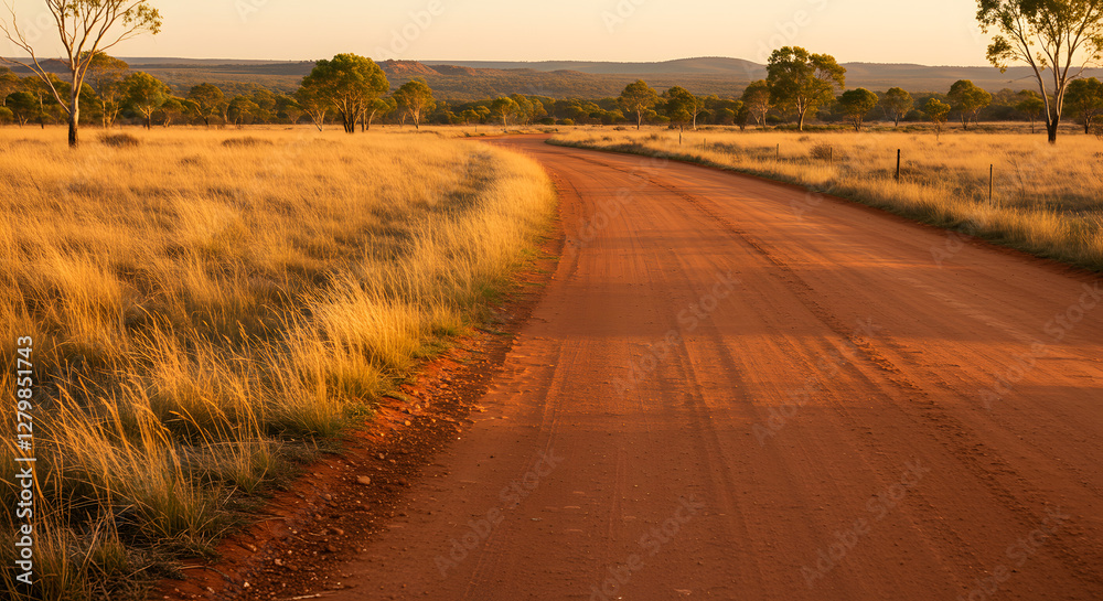 Fototapeta premium Nature’s Embrace: Dry Grass and Open Roads in the Heart of Australia
