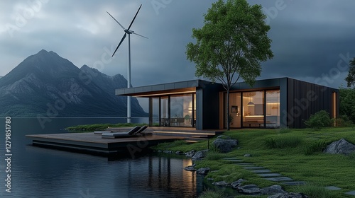 Exploring Sustainable Living with Futuristic Technology: A House on a Lake Powered by Wind Energy for Clean Power Production and a Greener Future