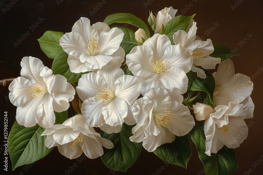 Delicate white flowers showcase their beauty against a dark background creating a captivating contrast that highlights their intricate details and lush green leaves. Delicate white flowers showcase their beauty against a dark background creating a captivating contrast that highlights their intricate details and lush green leaves.