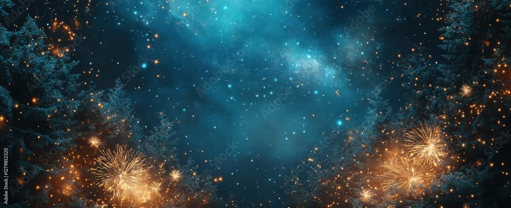 Naklejka premium Enchanting Night Sky Over Forest with Sparkling Fireworks and Ethereal Blue Atmosphere with Glittering Stars and Cosmic Elements