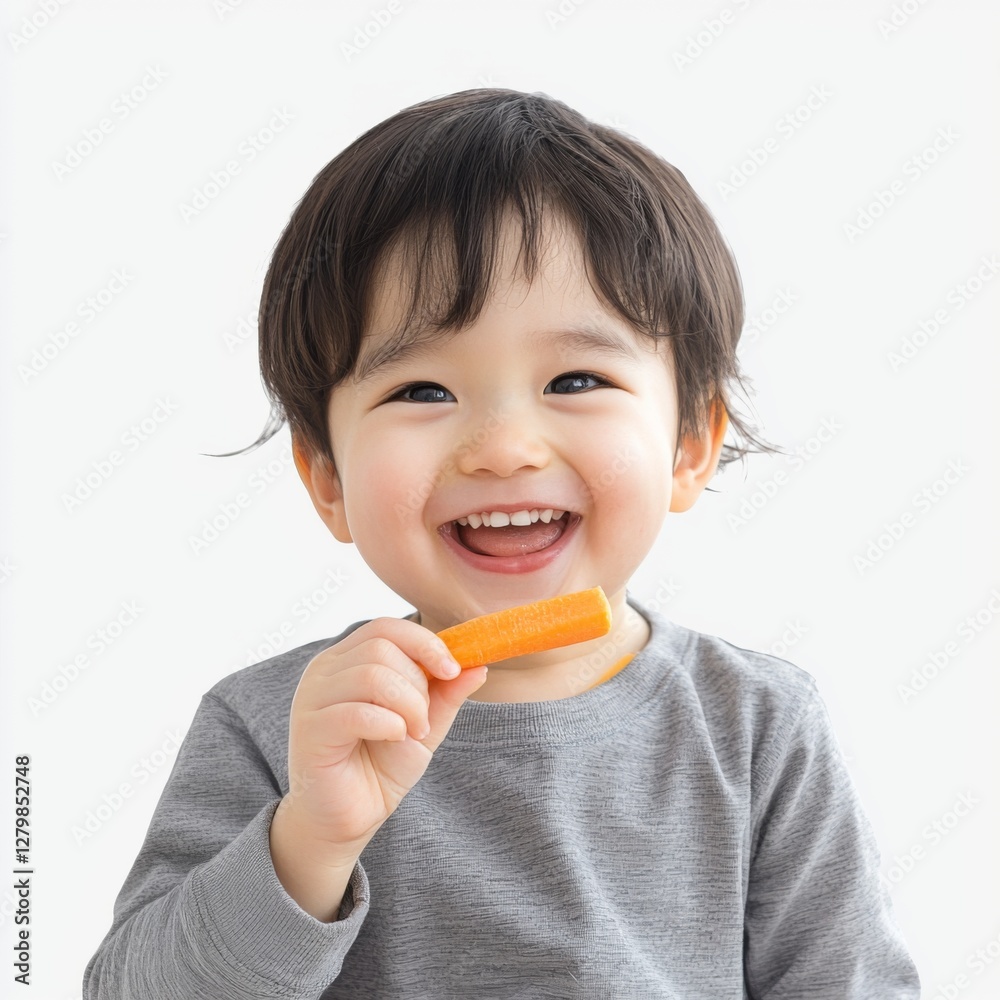 Smiling toddler enjoying healthy snack carrot stick while looking happy and playful, indoor natural light portraiture Smiling toddler enjoying healthy snack carrot stick while looking happy and playful, indoor natural light portraiture