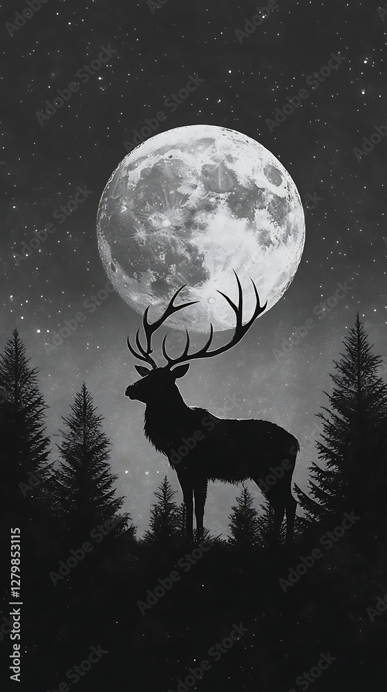 Silhouetted deer, moonlit forest Silhouetted deer, moonlit forest