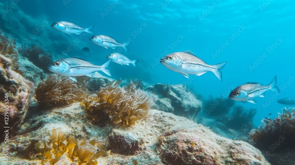 Underwater School of Fish Swimming Near Coral Reef