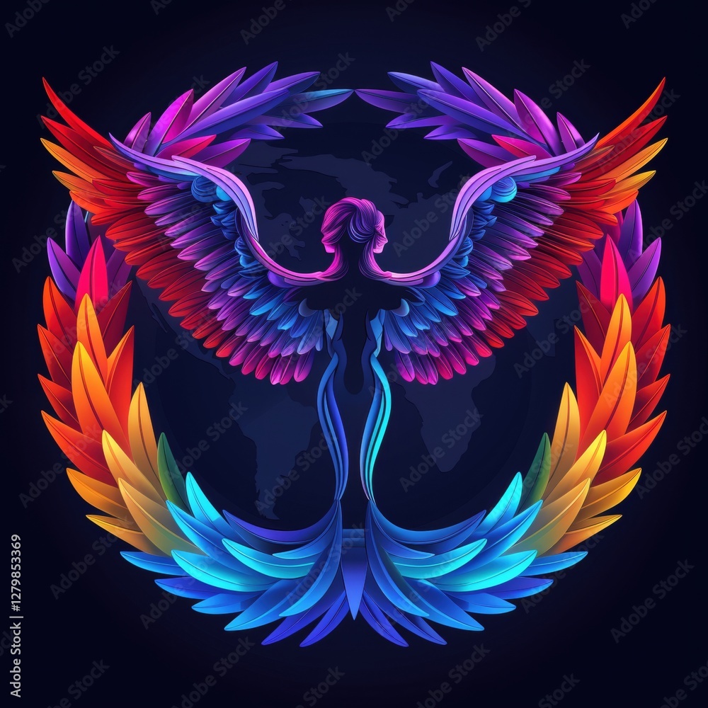 Fototapeta premium A vibrant logo design showcases a woman figure with colorful wings symbolizing travel and nature. The world map backdrop enhances the theme of exploration and adventure.