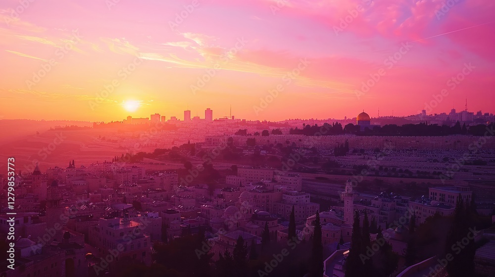 Naklejka premium Panoramic view of Jerusalem with Jesus silhouette on the hill during sunset