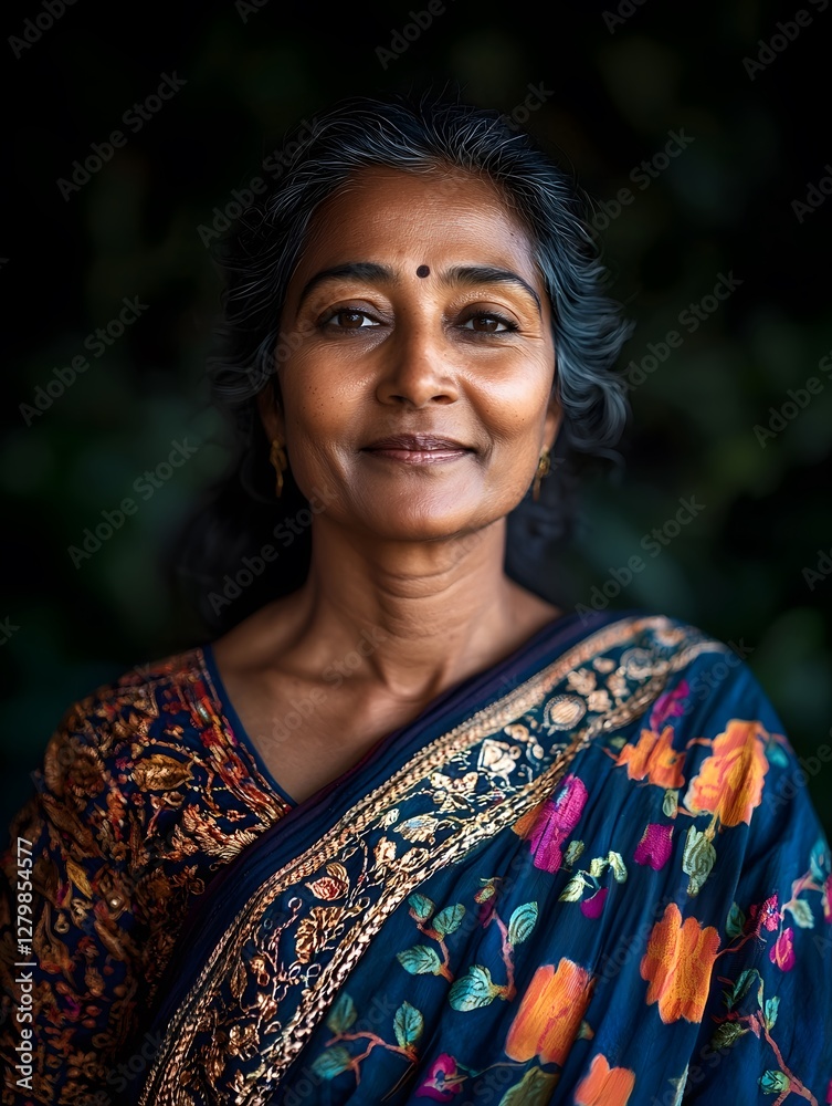 Fototapeta premium Elegant South Indian Woman In Floral Saree Portrait