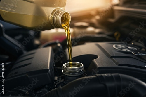 Engine oil being poured into a car engine. Close-up of engine oil being poured into a car engine.