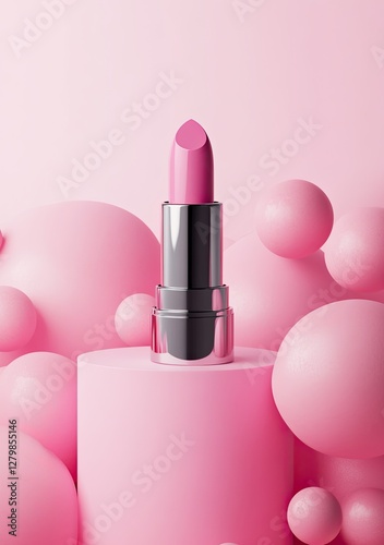 Pink lipstick on pedestal, abstract spheres background