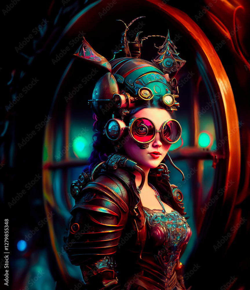 Pretty steampunk woman wearing glasses , conceptual