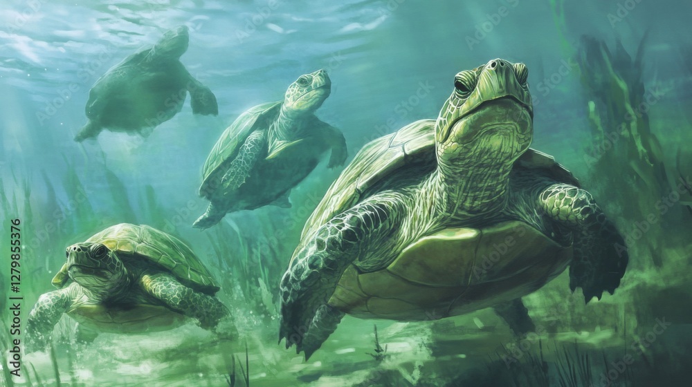 Fototapeta premium Four Turtles Swimming Underwater in Green Aquatic Plants