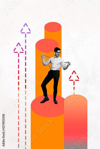 Vertical art trend collage of happy businessman dance chart development statistics arrow point up career growth goal concept