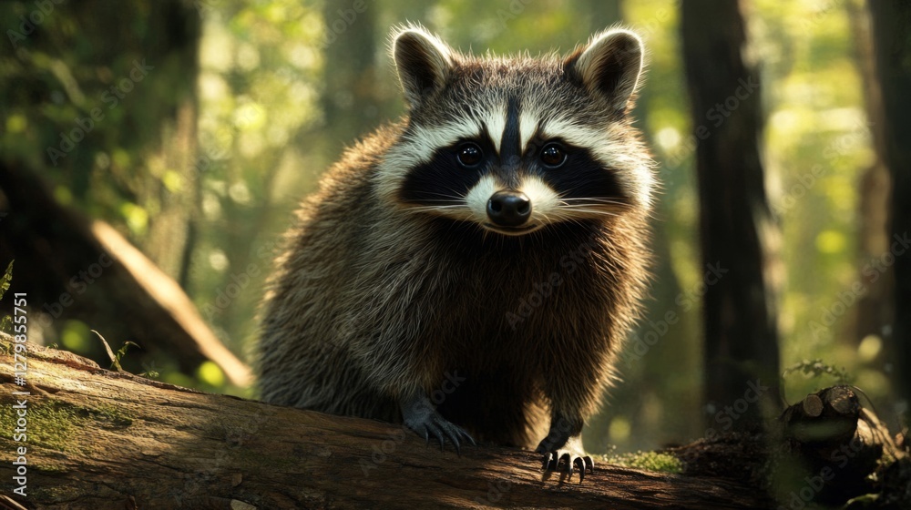 Raccoon Sitting on Log in Forest Raccoon Sitting on Log in Forest