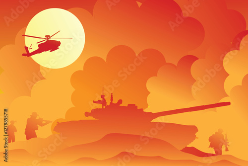 Vector illustration of war with lots of bomb explosions. Silhouettes of soldiers and armored tanks fighting amidst lots of bomb explosions and high smoke