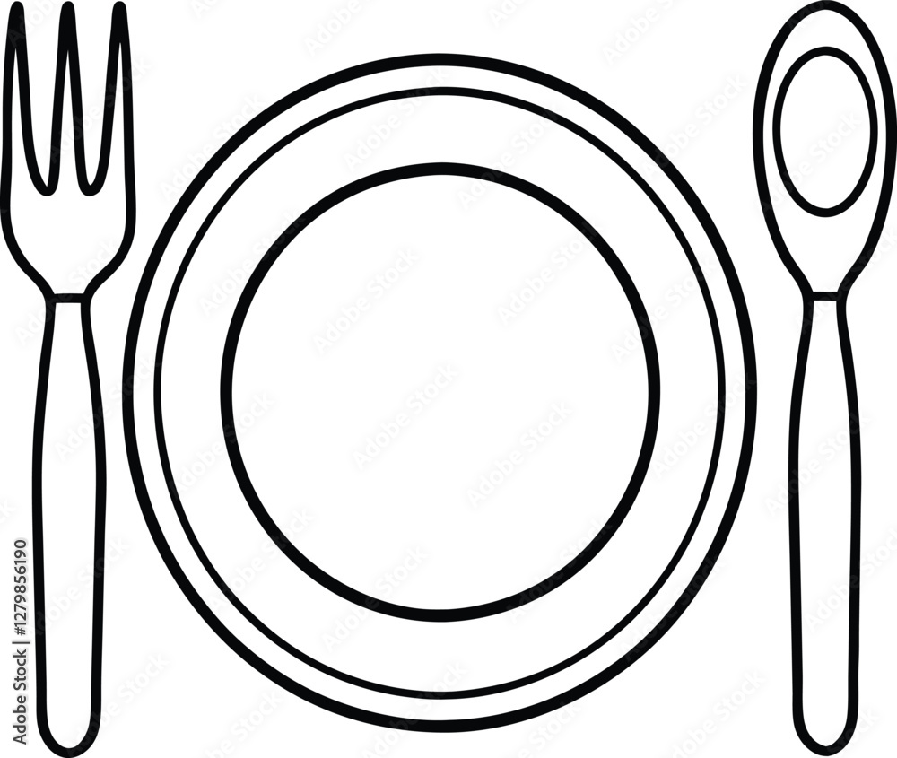 Dinner place setting a plate , silver fork and spoon Dinner place setting a plate , silver fork and spoon