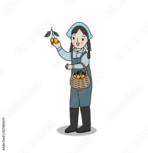 Farmer holding Marian Plum, hand drawn style vector illustration.