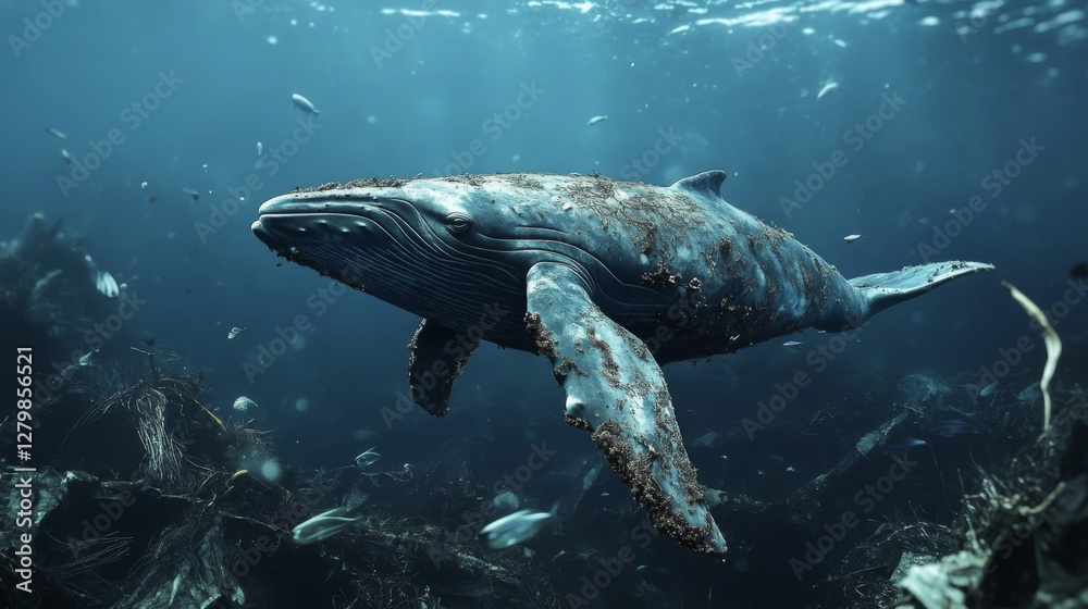 Naklejka premium Humpback Whale Underwater in Dark Blue Ocean