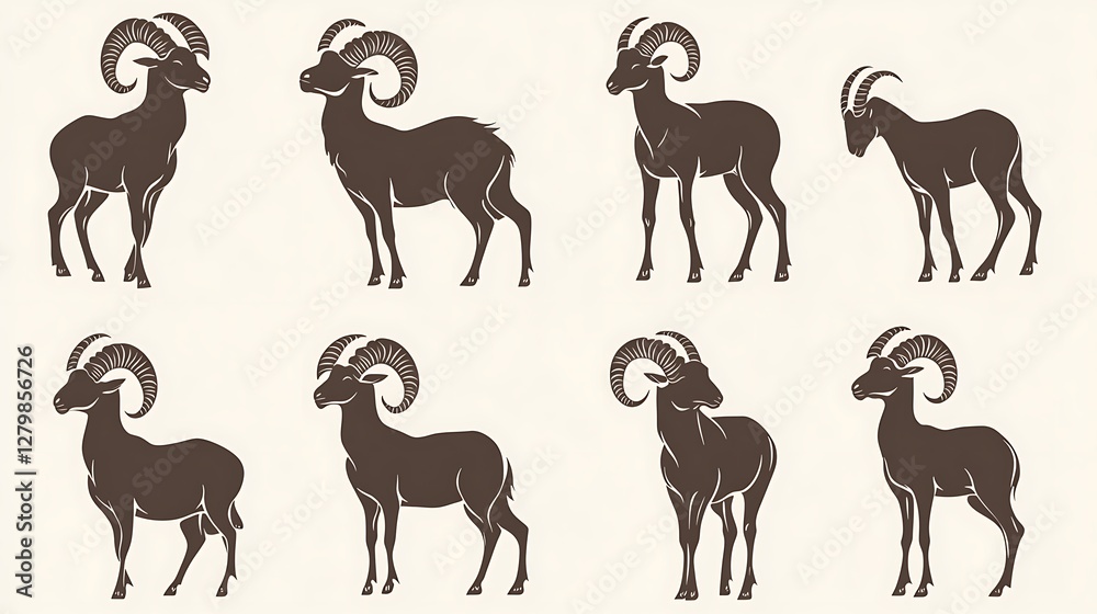 Naklejka premium Silhouettes of rams in various poses on light background