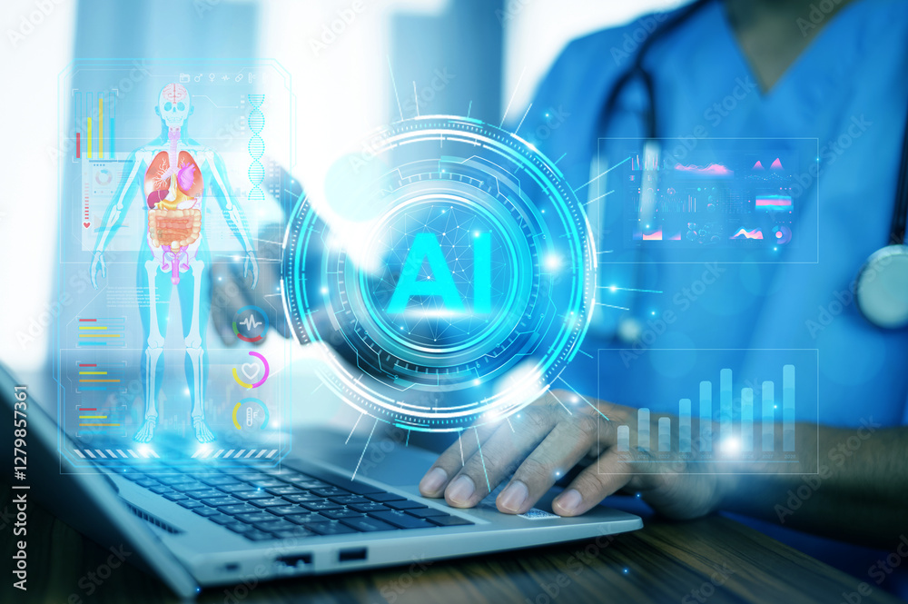Artificial intelligence revolutionizing healthcare, as a medical professional interacts with a futuristic AI interface displaying anatomy and genetic analysis