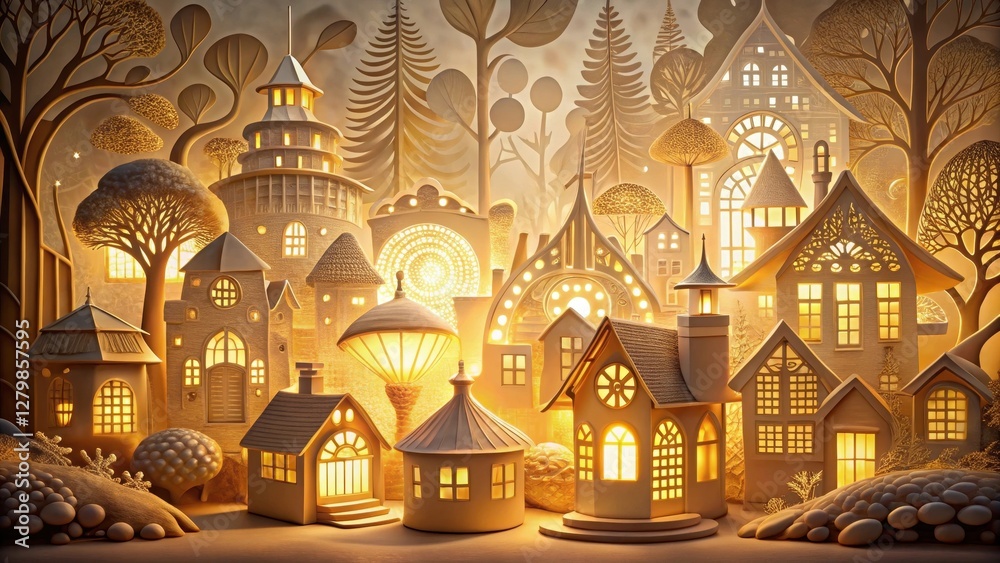 Obraz premium Enchanted Village at Night Illuminated Houses, Trees, and Structures in a Whimsical Setting