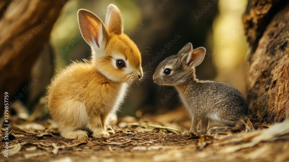 Two Baby Rabbits in Woodland Setting Two Baby Rabbits in Woodland Setting