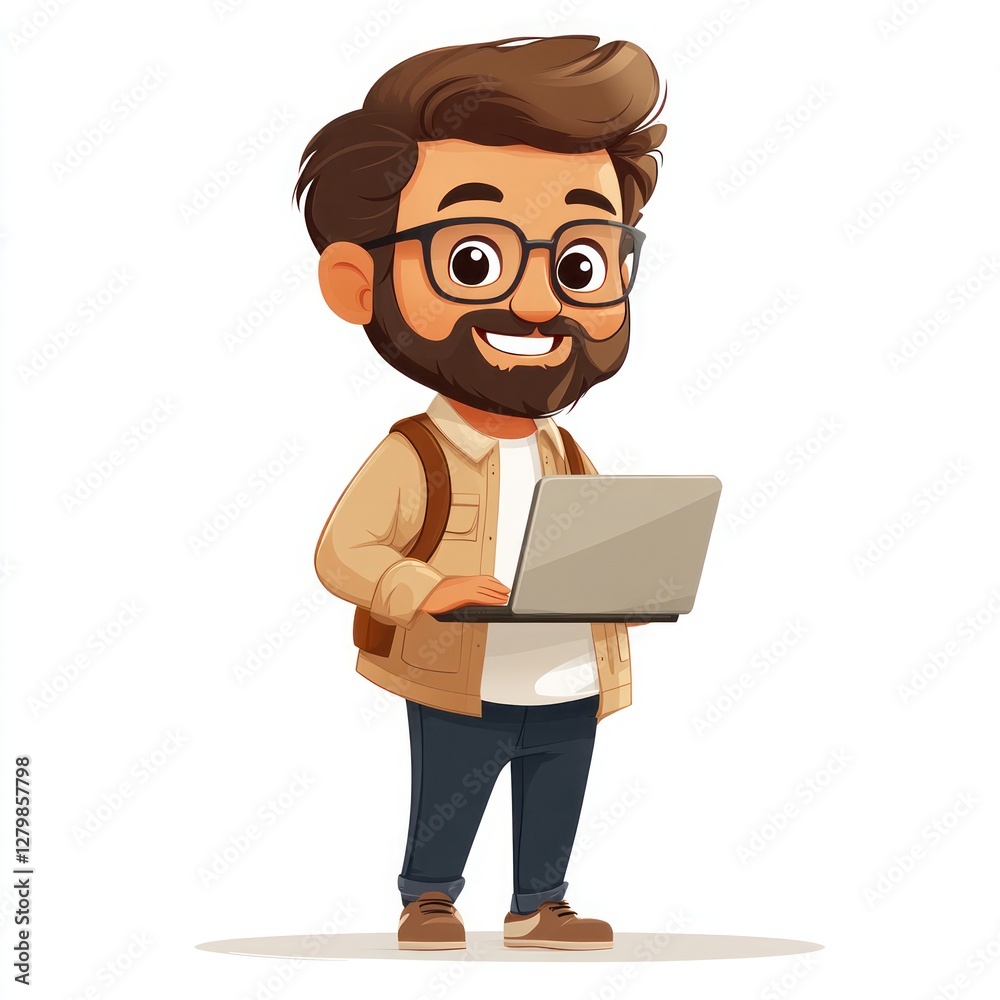 Happy man with beard, glasses, backpack, using laptop. Happy man with beard, glasses, backpack, using laptop.