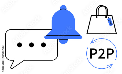 Notification bell, speech bubble with ellipsis, shopping bag with tag, P2P arrows. Ideal for communication, business alerts, online shopping, customer service, peer-to-peer interaction messaging